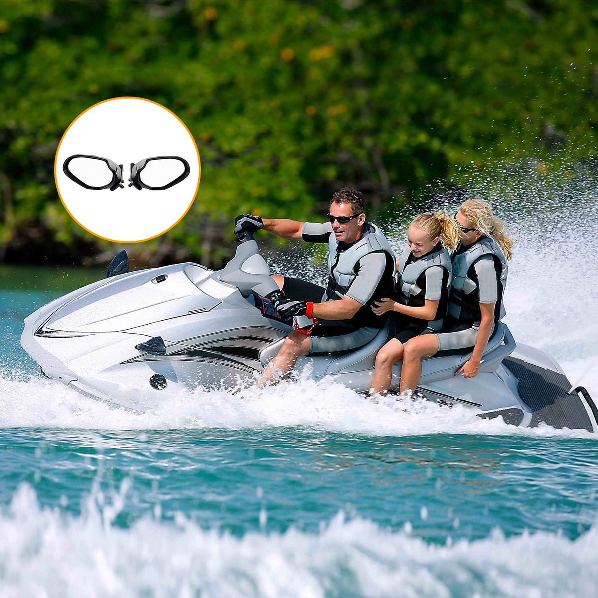 RANSOTO mirrors on WaveRunner at dock showcasing restored factory appearance