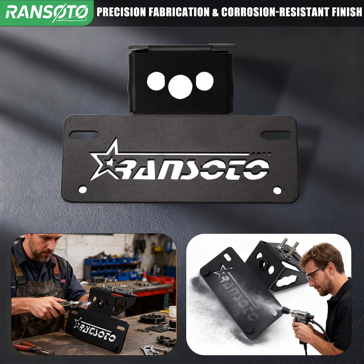 RANSOTO bracket beside a license plate to show size and mounting points