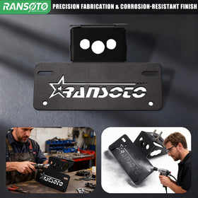 RANSOTO bracket beside a license plate to show size and mounting points