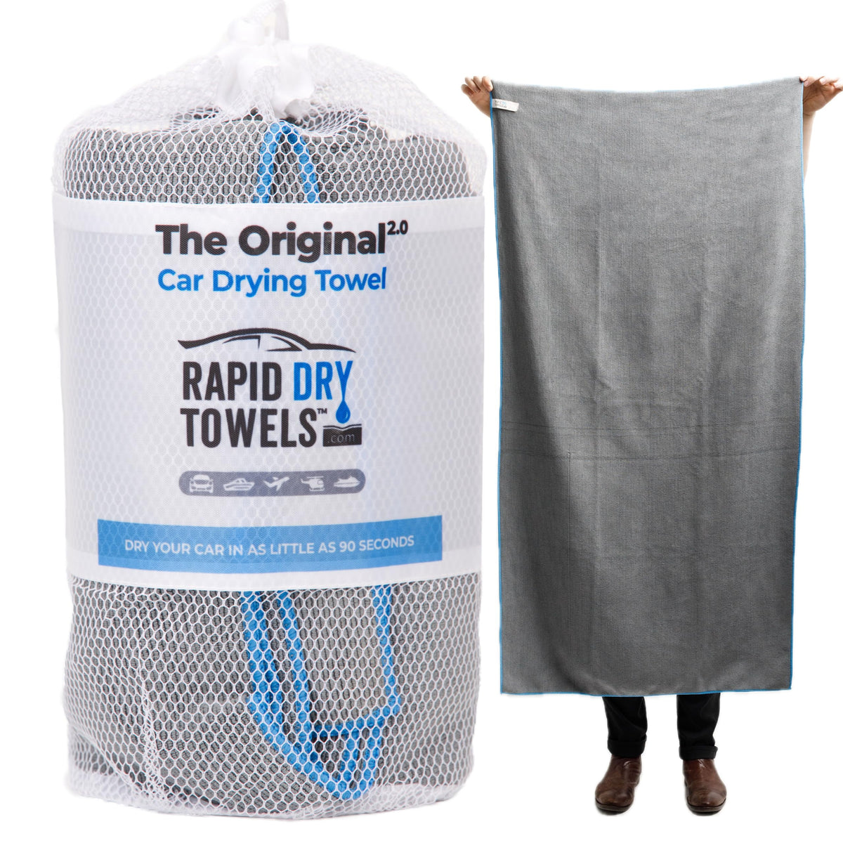 RAPID DRY TOWELS front view showing full oversized towel and coverage benefit