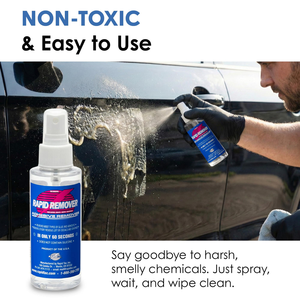 Rapid Tac 4oz bottle held in hand illustrating portable tool benefit