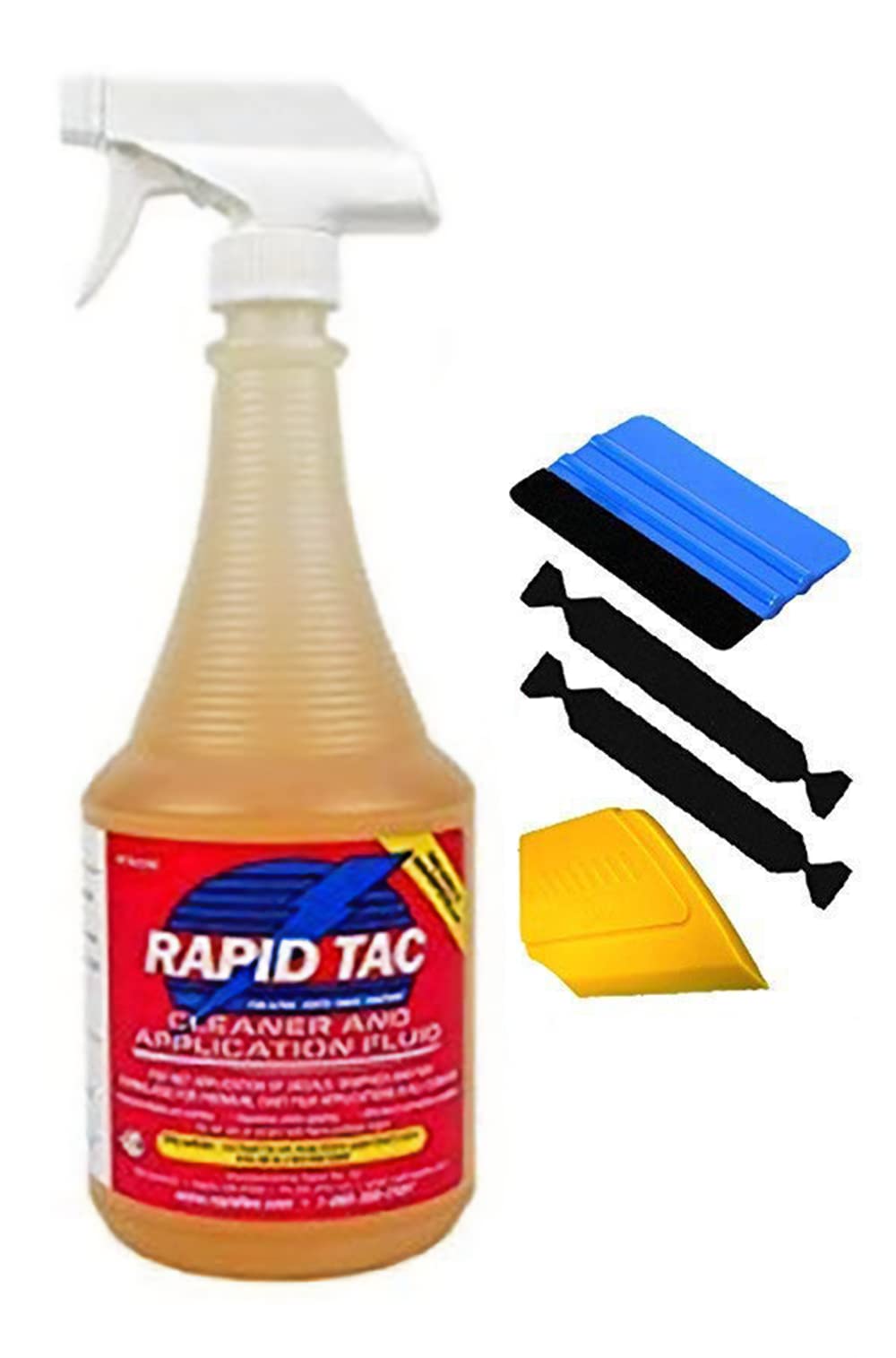 RapidTac 32oz bottle front label showing spray nozzle and included tools for precise application