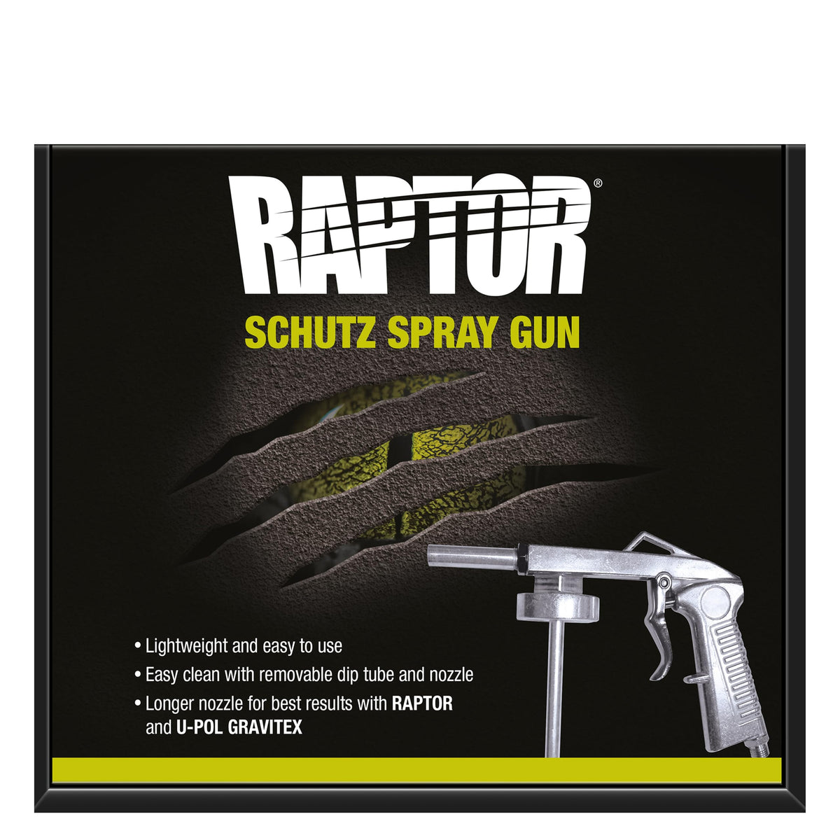 RAPTOR spray gun front view showing ergonomic grip and European-thread fit for quick bottle attachment