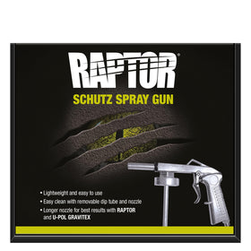 RAPTOR spray gun front view showing ergonomic grip and European-thread fit for quick bottle attachment
