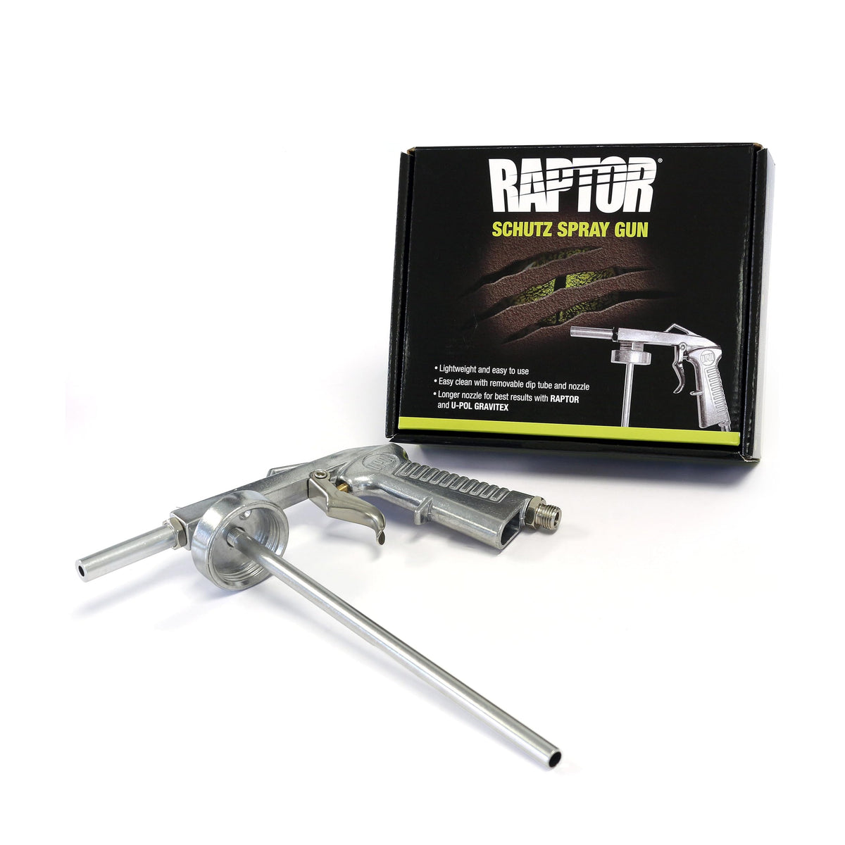 RAPTOR spray gun nozzle close-up emphasizing removable tip and easy cleaning for consistent spray
