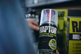 RAPTOR aerosol being sprayed onto a bedliner area demonstrating fast application