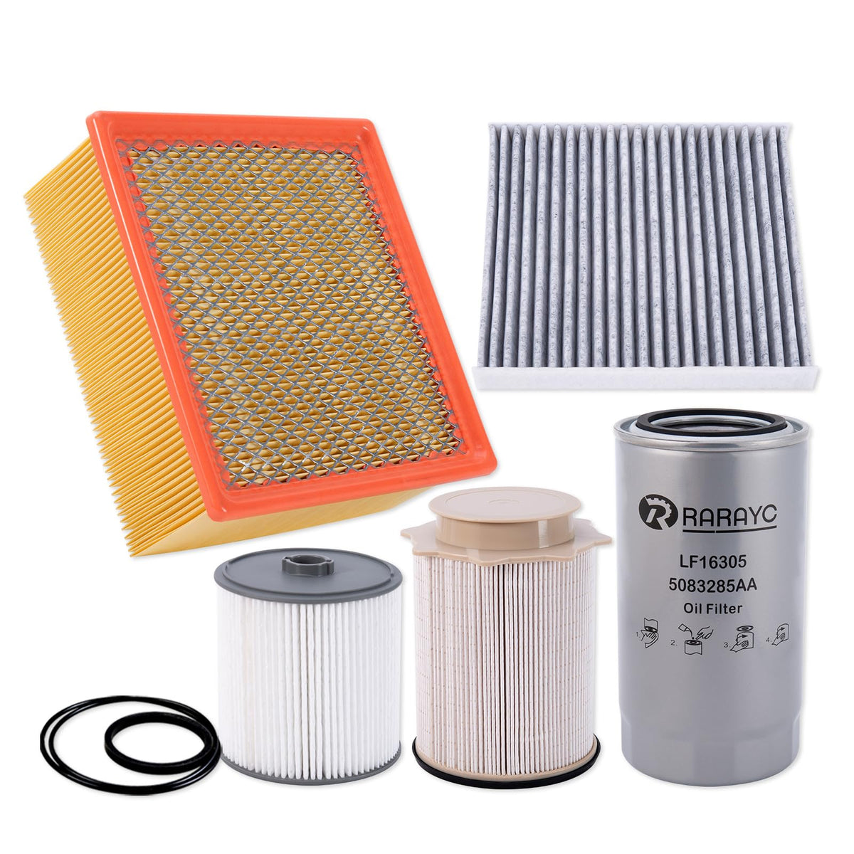 RARAYC filter kit front packaging showing all included filters and fitment benefit
