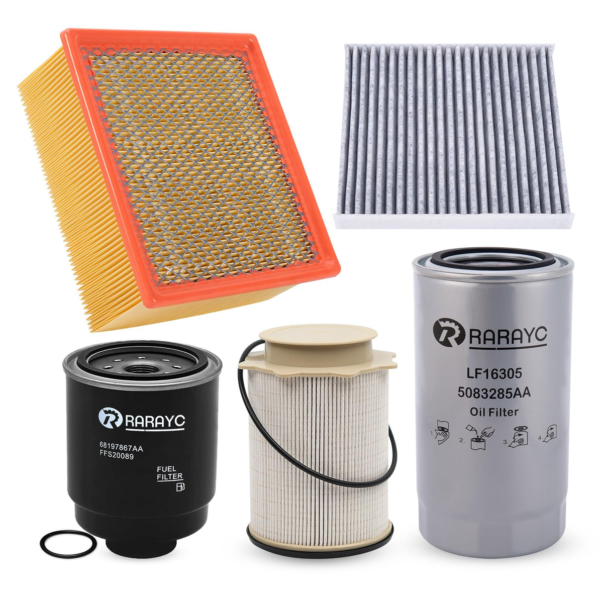 RARAYC front packaging showing complete filter kit and clear parts identification for quick purchase