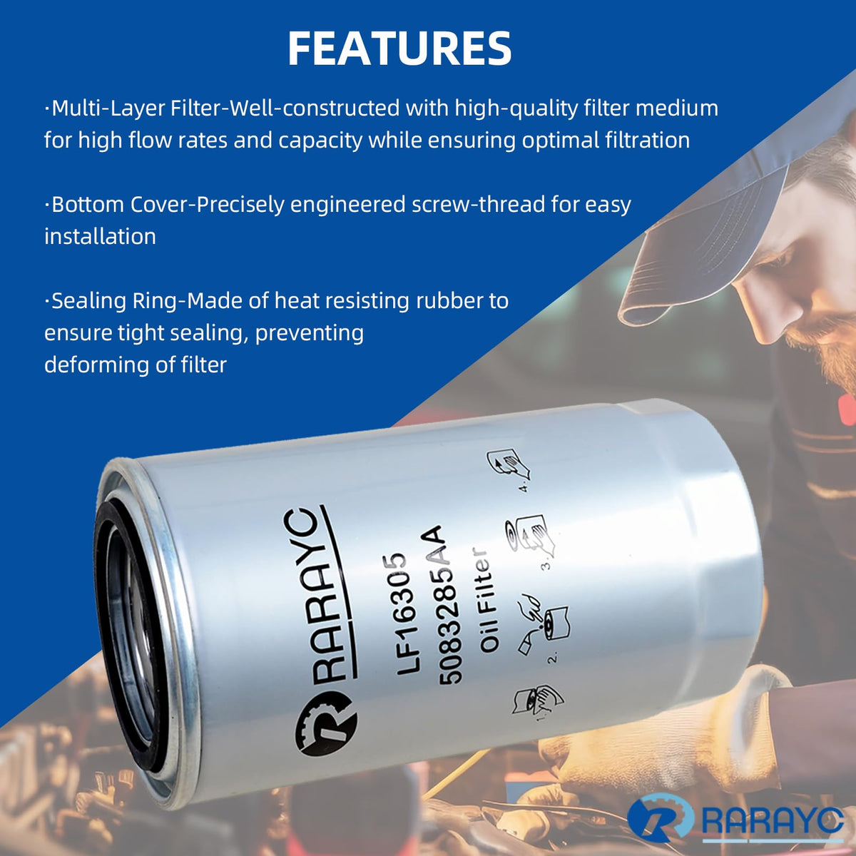 RARAYC oil filter label and thread view confirming direct-fit OEM replacement and protection