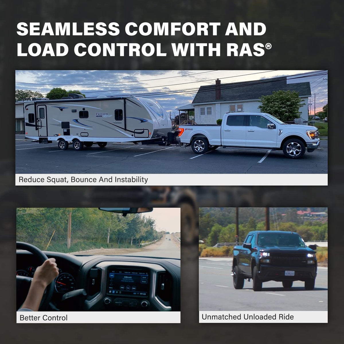 RAS RoadActive on F150 towing trailer in lifestyle shot showing stability benefit confident hauling