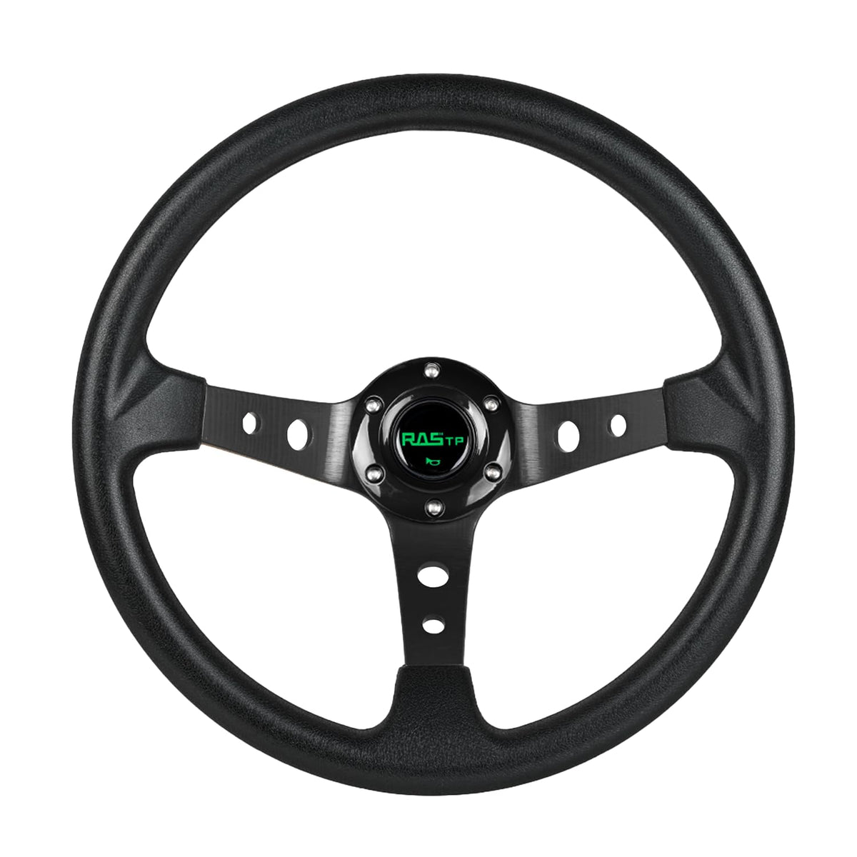 RASTP front view of black 350mm steering wheel showing sporty design and improved grip
