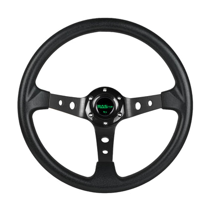RASTP front view of black 350mm steering wheel showing sporty design and improved grip