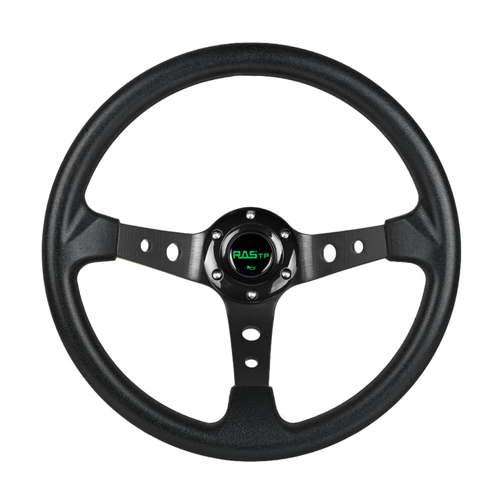 RASTP front view of black 350mm steering wheel showing sporty design and improved grip