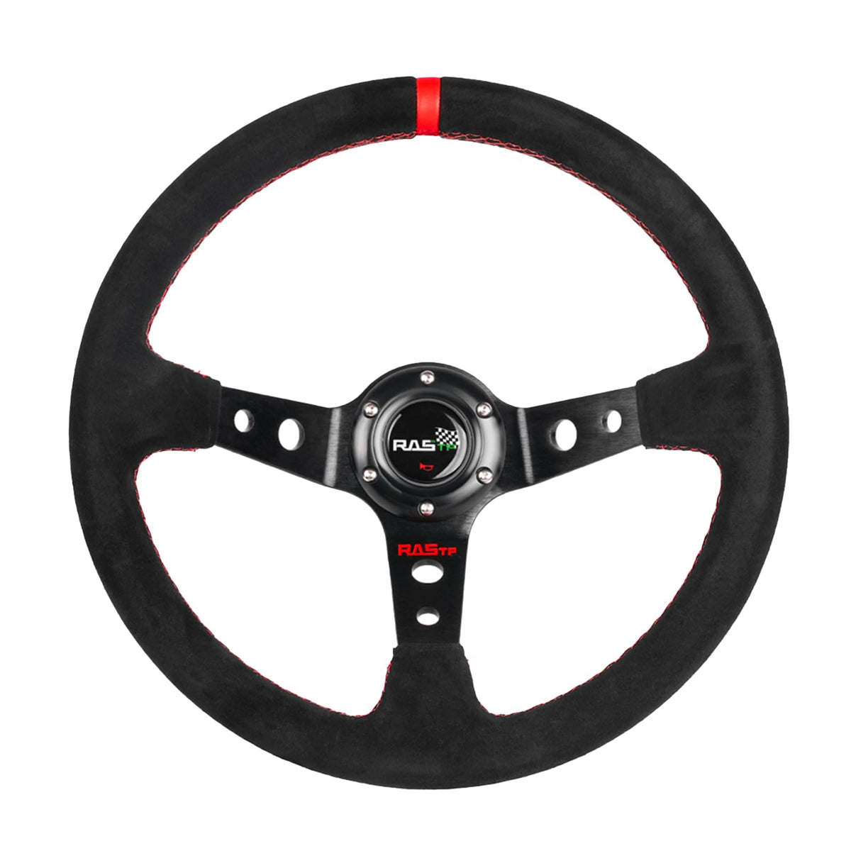 RASTP steering wheel front view showing 6-bolt pattern and red accents for stylish upgrade