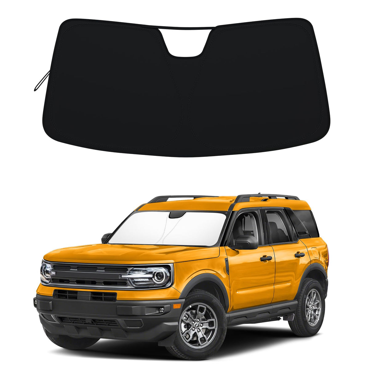 RAVOTOM front view of sun shade on Bronco Sport windshield showing precise fit and protection