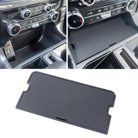 RAVOTOM front view console cover showing neat fit and concealed storage benefit