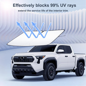 RAVOTOM installed on parked Toyota Tacoma demonstrating cooler cabin benefit