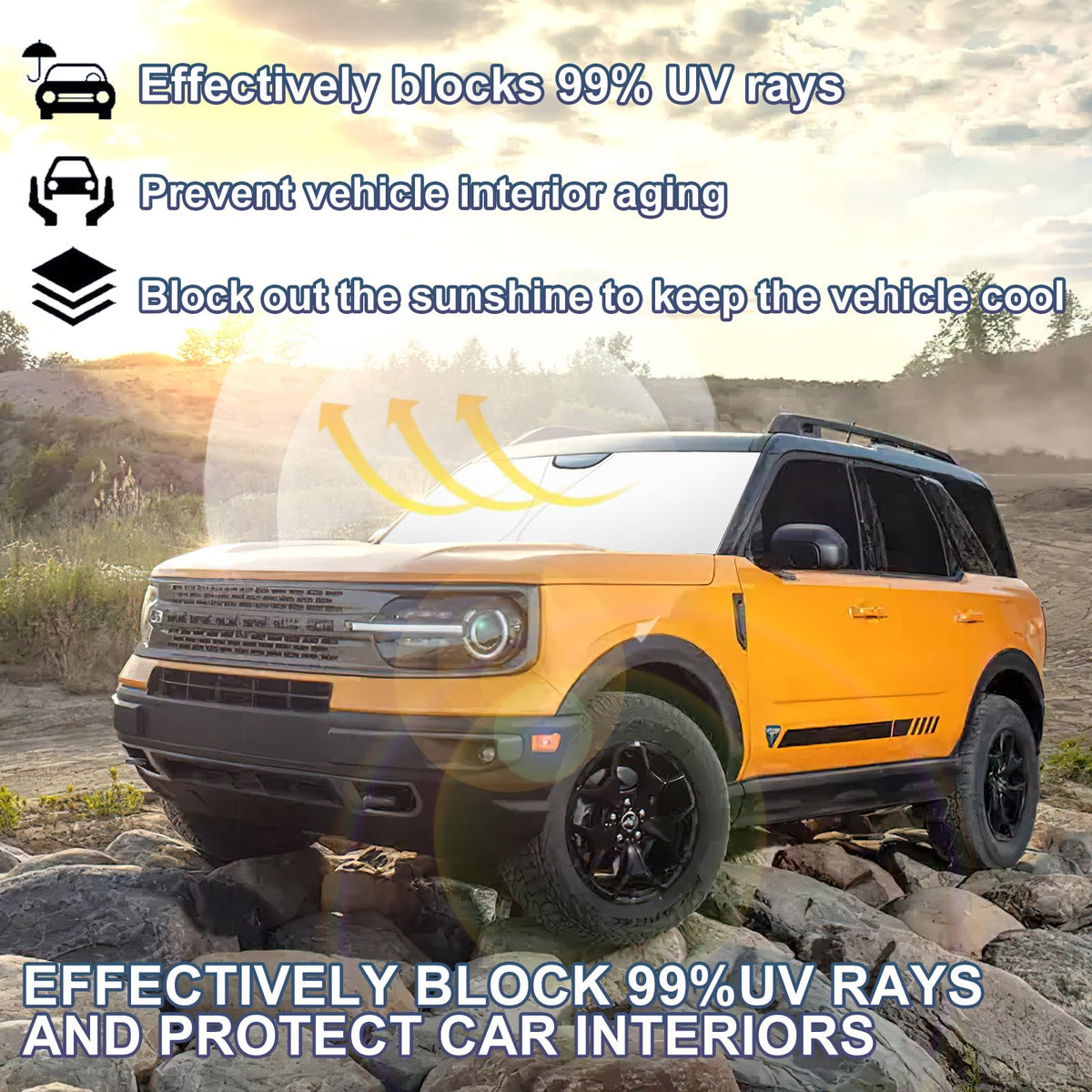 RAVOTOM installed in Bronco Sport windshield demonstrating shade coverage and cooler cabin