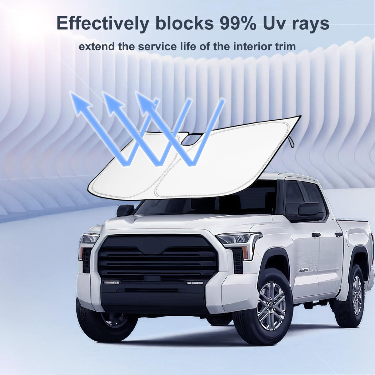 RAVOTOM installed on a Toyota Tundra windshield demonstrating full coverage cooling benefit