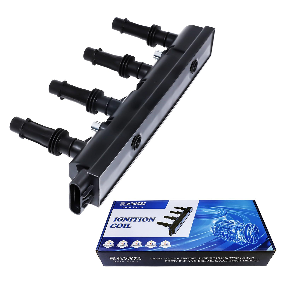RAWOK coil pack front view showing compact OEM-style housing for direct fit