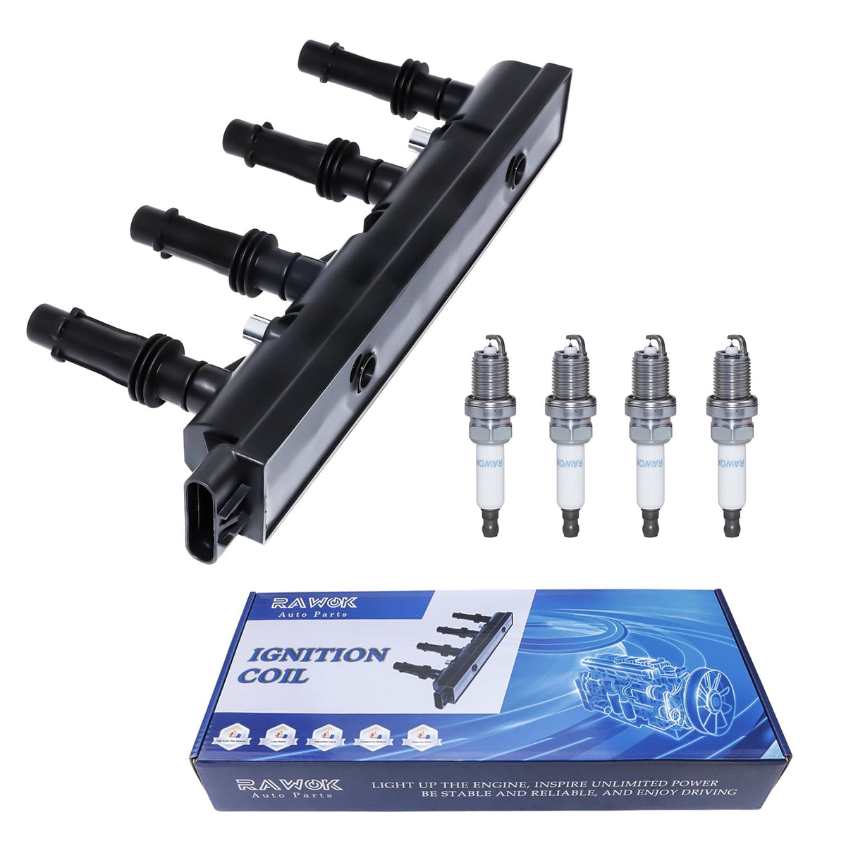 RAWOK UF669 ignition coil front view showing fit and connector for reliable replacement