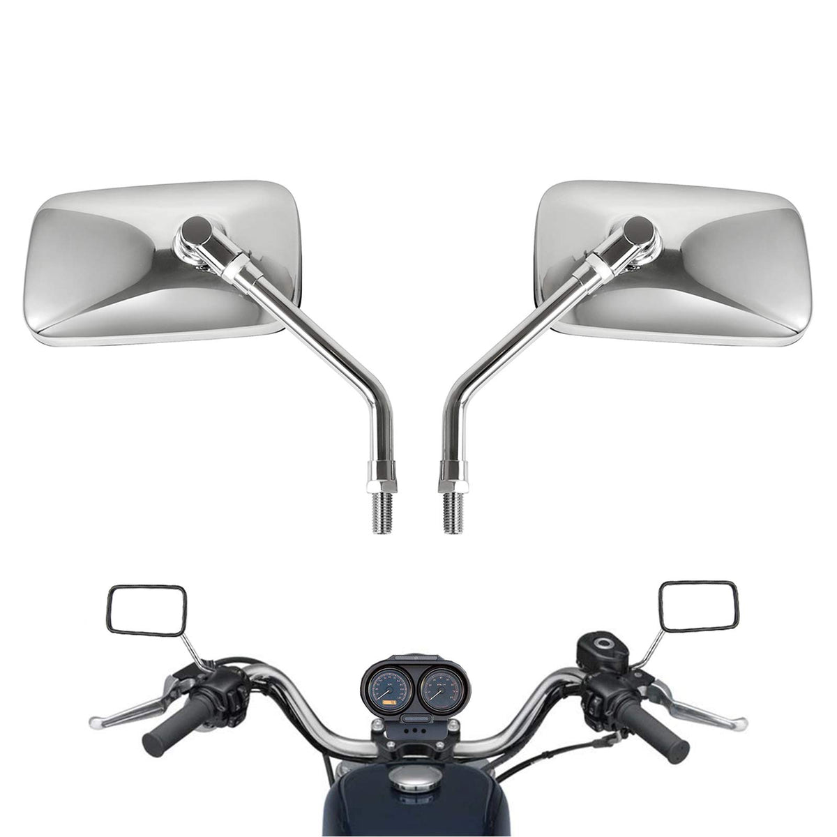 Rawsomes front view of chrome mirror showing streamlined shape and clear sightline