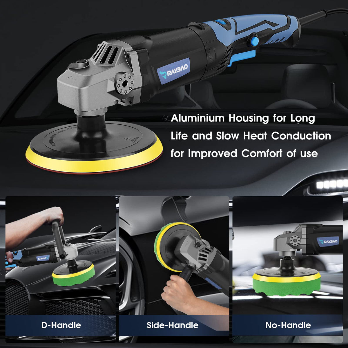 RAYBAO detachable D-handle and side handle attached for reduced fatigue