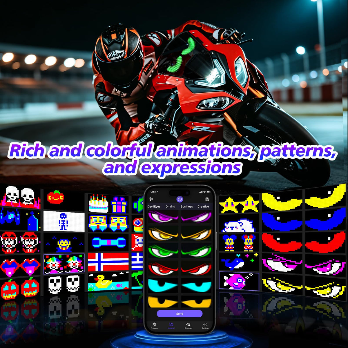 Rayhome animated display at night showing vivid attention-grabbing colors