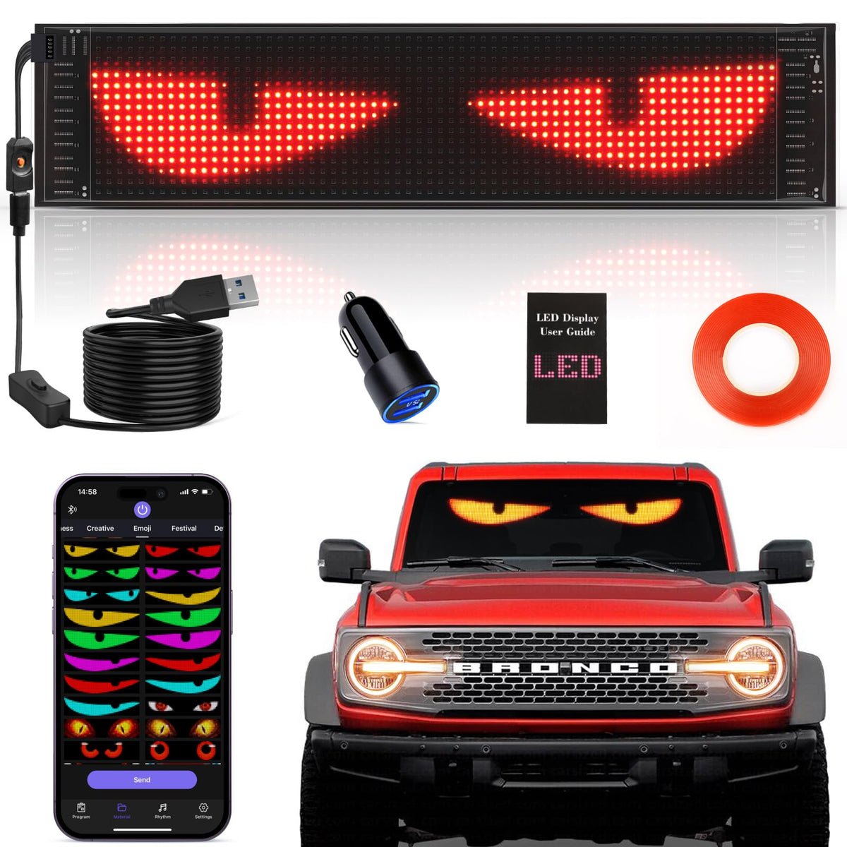 Rayhome front windshield display showing full-color animated eyes, high visibility