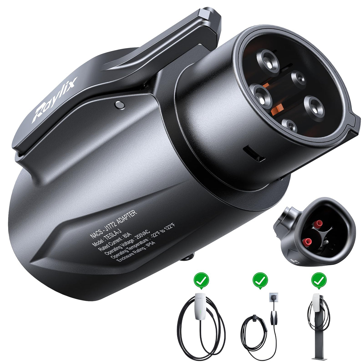 Raylix front view of adapter showing connectors and compact design for convenient charging