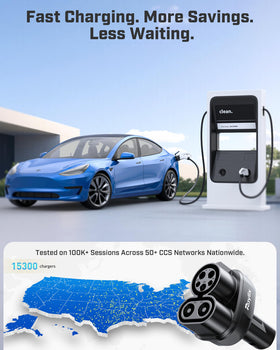 Raylix adapter charging a Tesla on a road trip showing expanded charging options