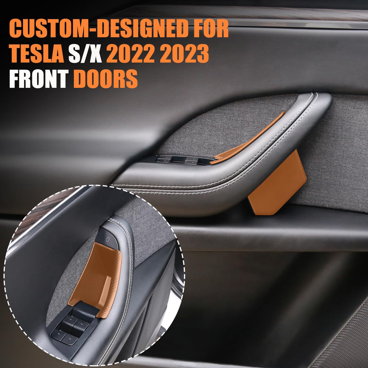 RAZOVEYI tray installed on Tesla Model X front door handle showing unobtrusive fit
