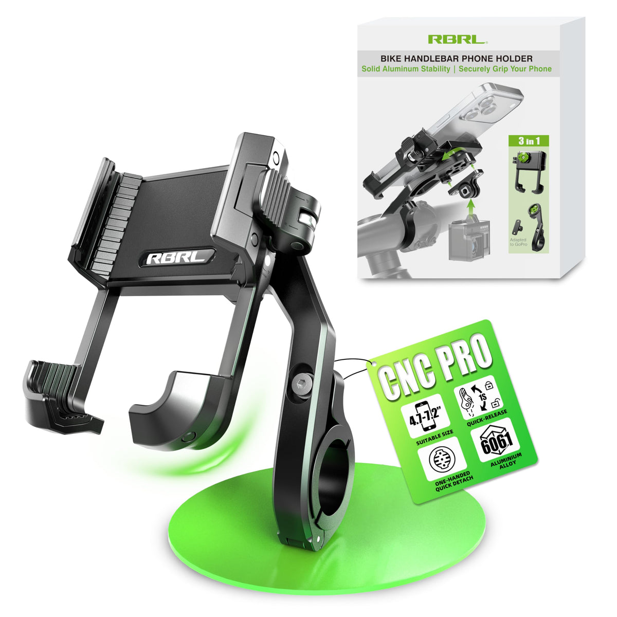 RBRL front view on handlebar showing secure phone mounting and stability