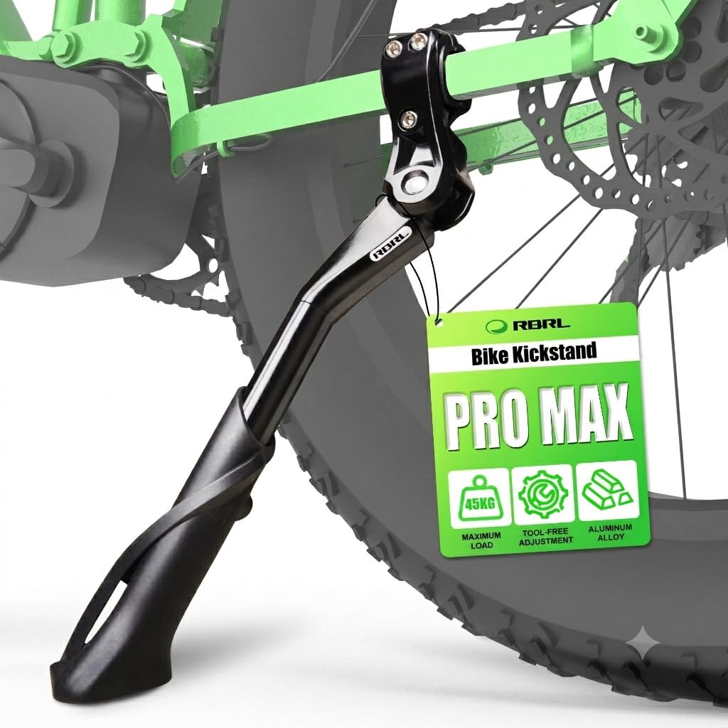RBRL kickstand front view showing robust aluminum body and secure clamp benefit stability