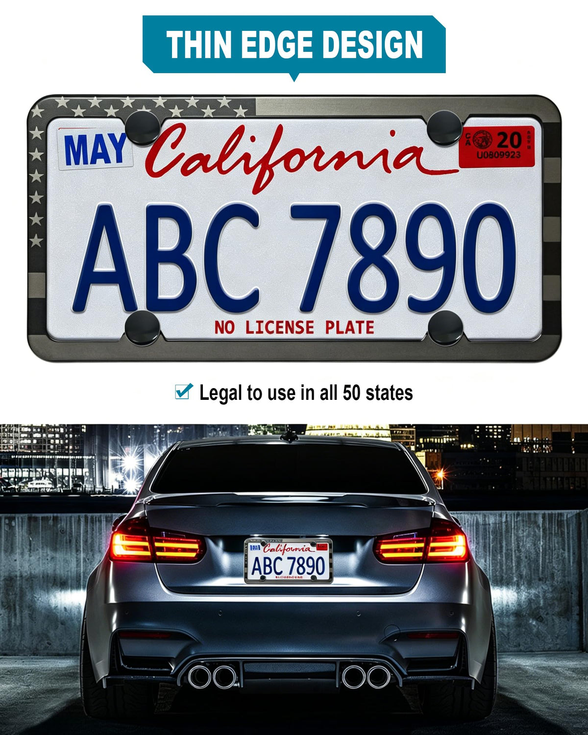RCKJNJ mounted on sedan front demonstrating legal visibility
