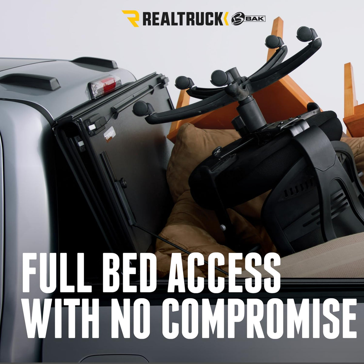 RealTruck BAKFlip MX4 in a camping setup showing protected cargo and usability