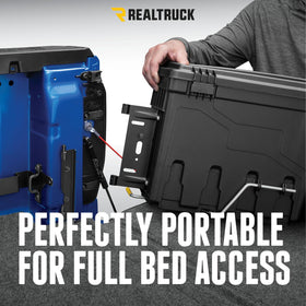 RealTruck SwingCase on truck tailgate during a tailgate scene showing lifestyle benefit