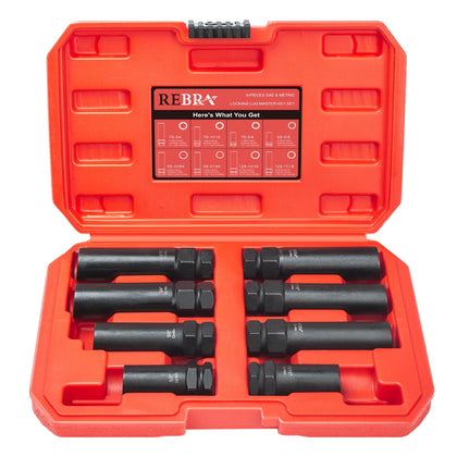 REBRA front packaging showing full 8-piece lug key set and case for quick identification
