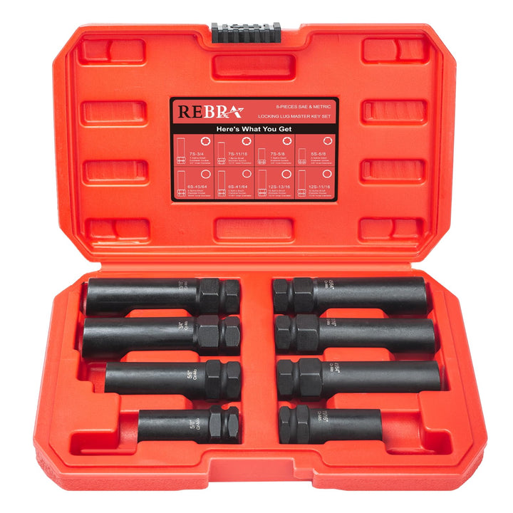 REBRA front packaging showing full 8-piece lug key set and case for quick identification