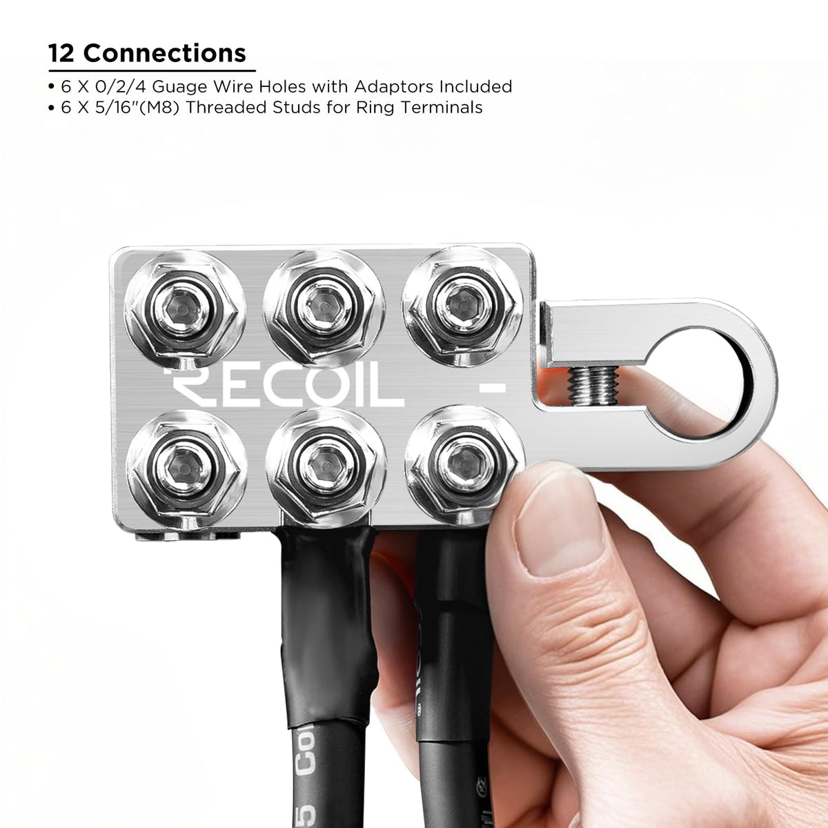 RECOIL ABT12 installed on top-post battery demonstrating neat polarity-separated terminals