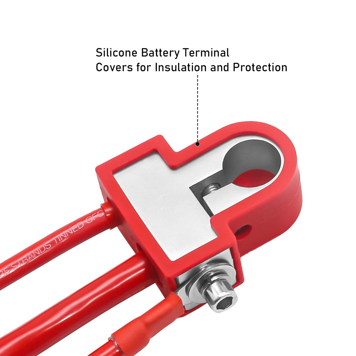 RECOIL red and black silicone covers protecting terminals and preventing shorts