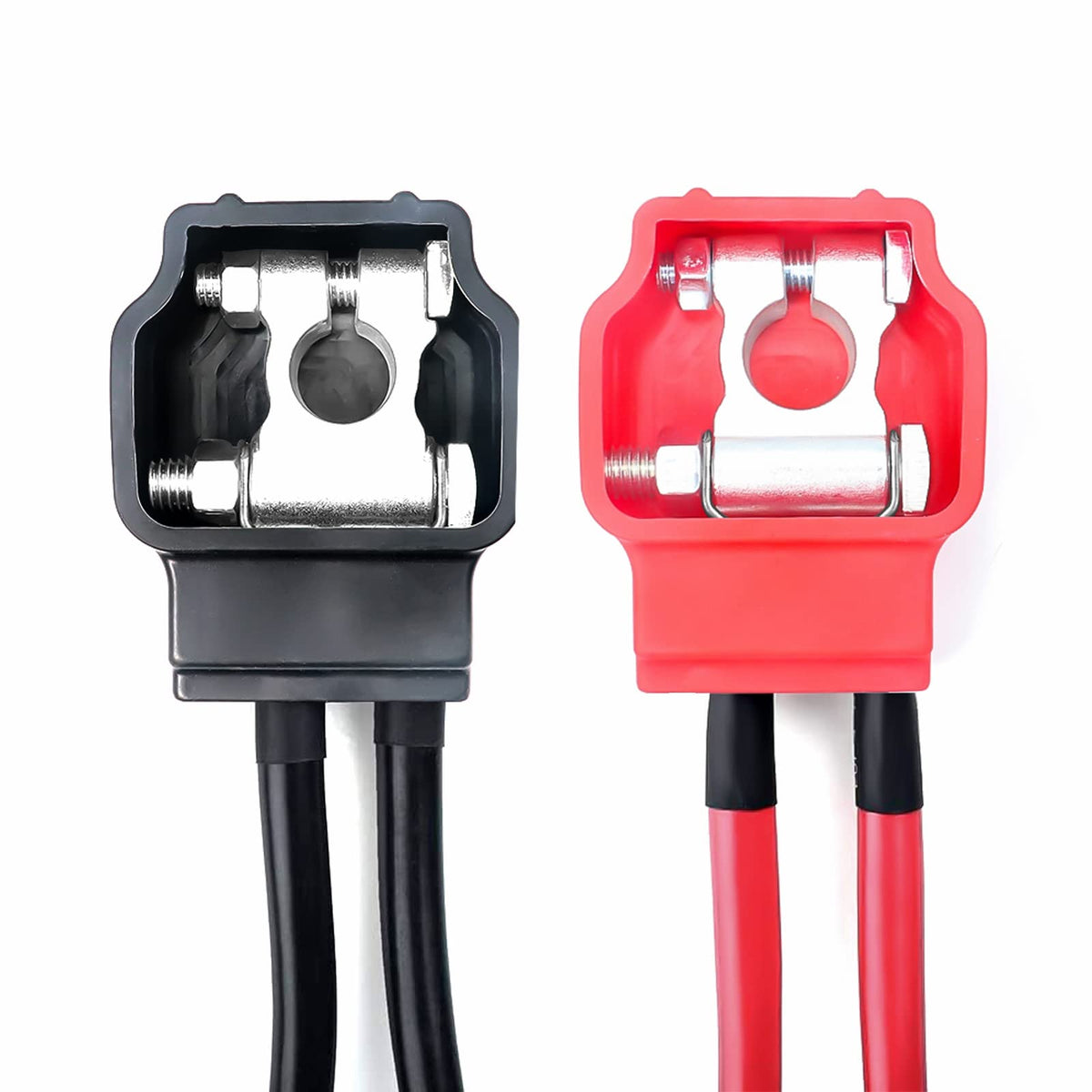 RECOIL clamps installed on a car battery top posts demonstrating stable, low-resistance contact