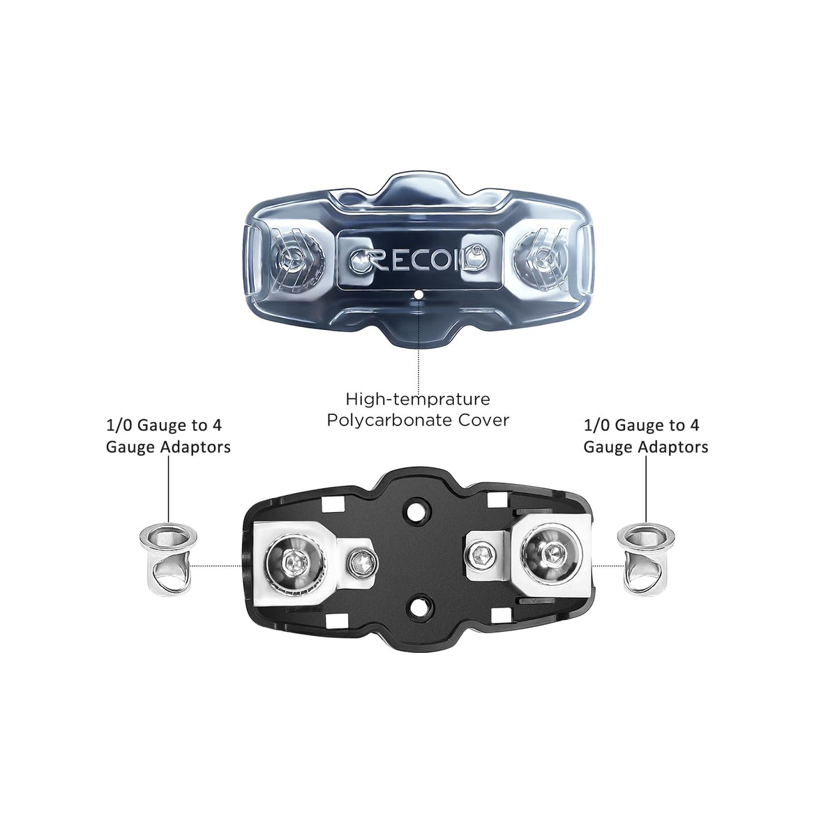 RECOIL beside gauge wires illustrating compatible 0/2/4 input and 4/8 output wiring