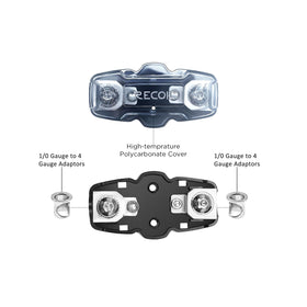 RECOIL beside gauge wires illustrating compatible 0/2/4 input and 4/8 output wiring