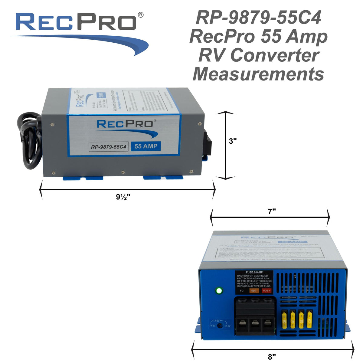 RecPro 55 Amp next to a 12V battery showing charging placement for efficient power transfer benefit
