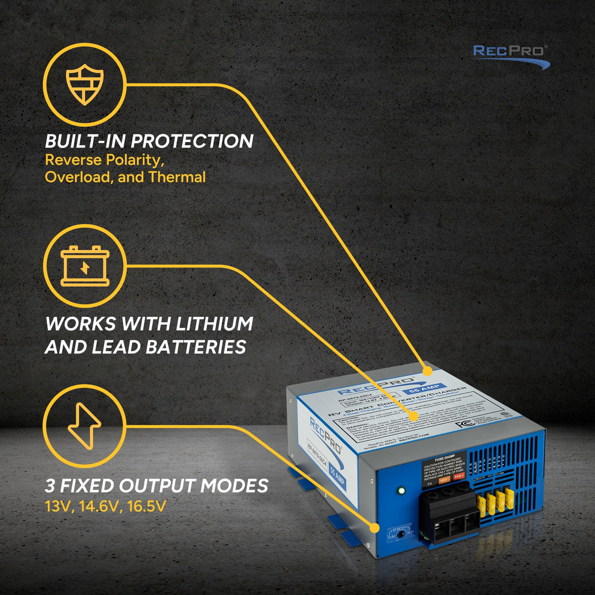 RecPro 55 Amp charger close-up display showing status indicators for quick diagnostics benefit