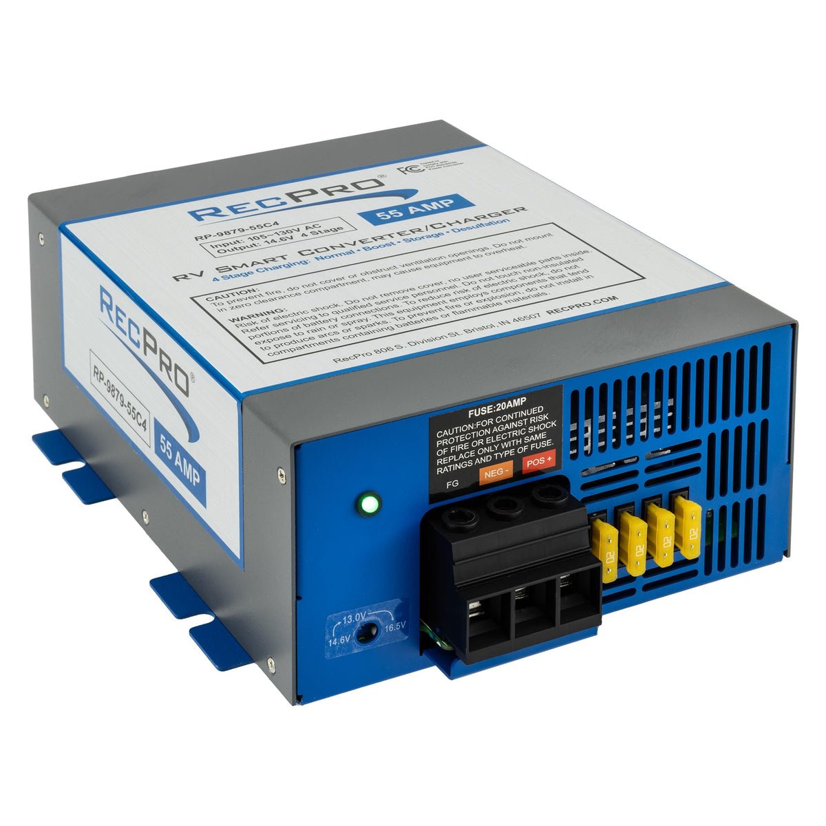 RecPro 55 Amp front panel showing terminals and labels for safe installation benefit