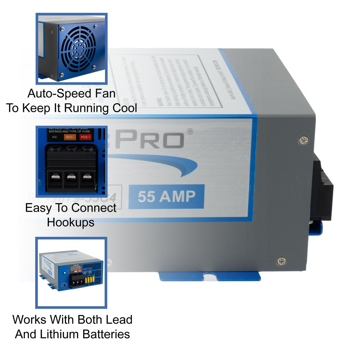 RecPro 55 Amp heat sink detail illustrating cooling fins that reduce thermal stress benefit
