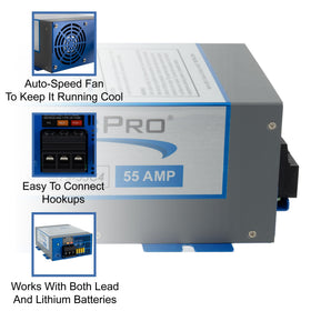 RecPro 55 Amp heat sink detail illustrating cooling fins that reduce thermal stress benefit
