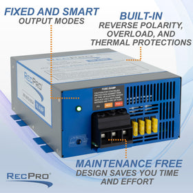 RecPro 55 Amp next to a hand for size comparison showing compact footprint for easier mounting benefit